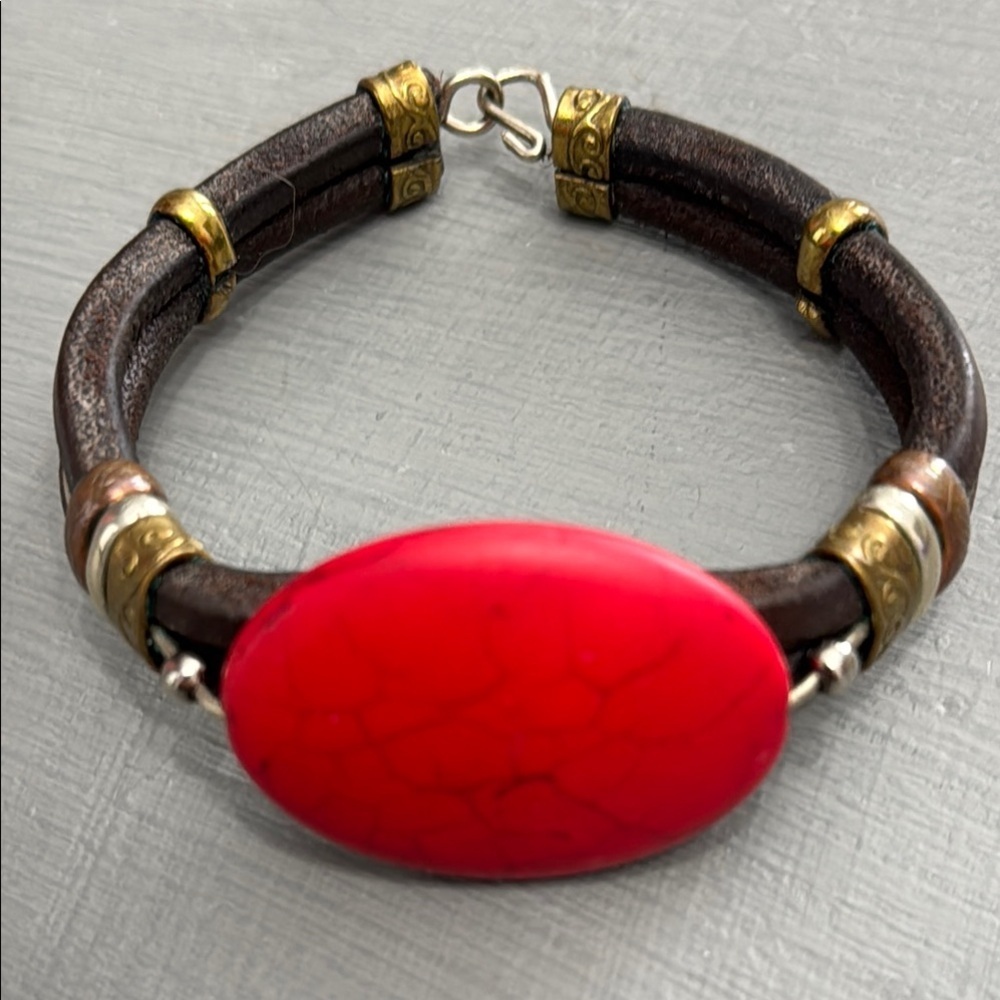 Elegant Handmade Red Stone and Brown Leather Bracelet with Gold Copper Details